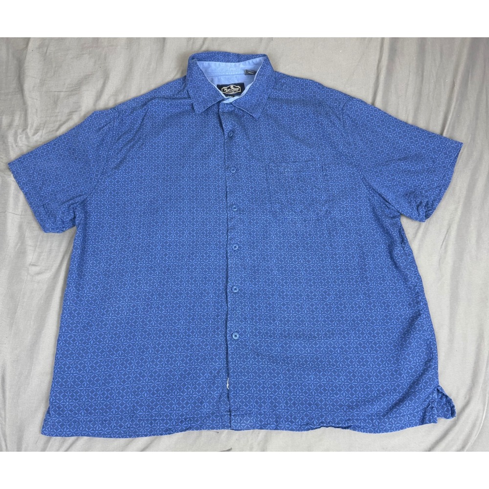 Nat Nast Mens XL Blue Silk Cotton Geometric Short Sleeve Button Up Shirt